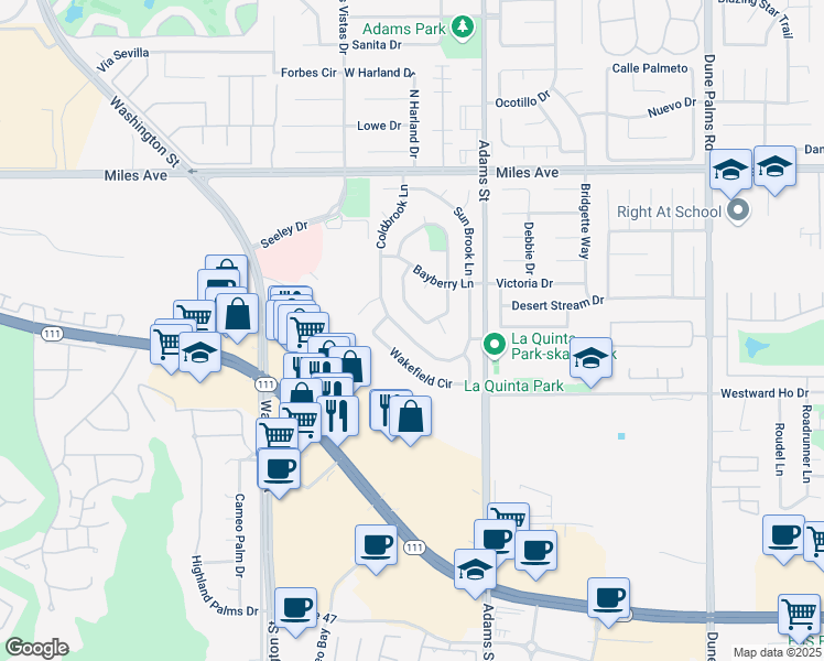map of restaurants, bars, coffee shops, grocery stores, and more near 45525 Deerbrook Circle in La Quinta