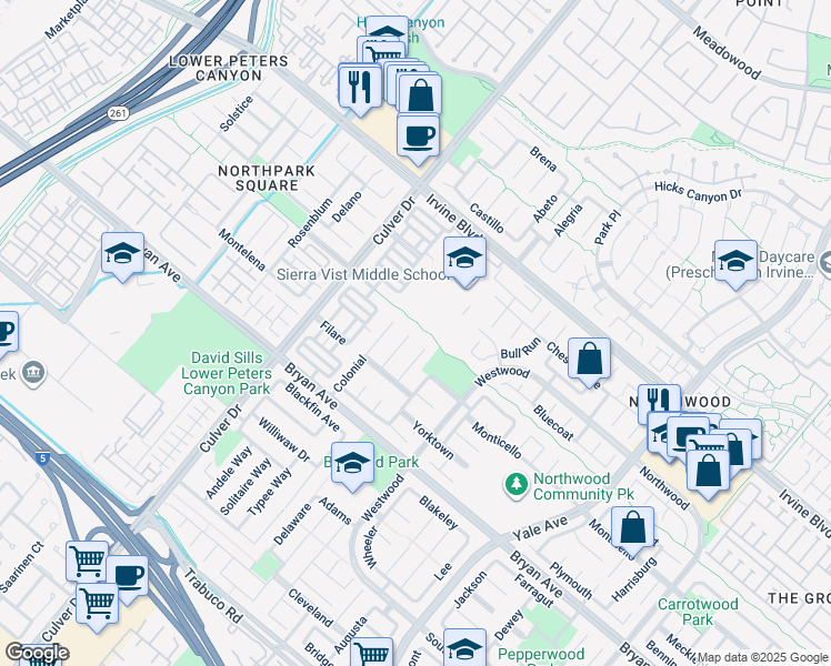 map of restaurants, bars, coffee shops, grocery stores, and more near 22 Lexington in Irvine