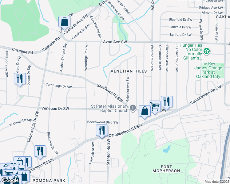 map of restaurants, bars, coffee shops, grocery stores, and more near 1661 Sandtown Road Southwest in Atlanta