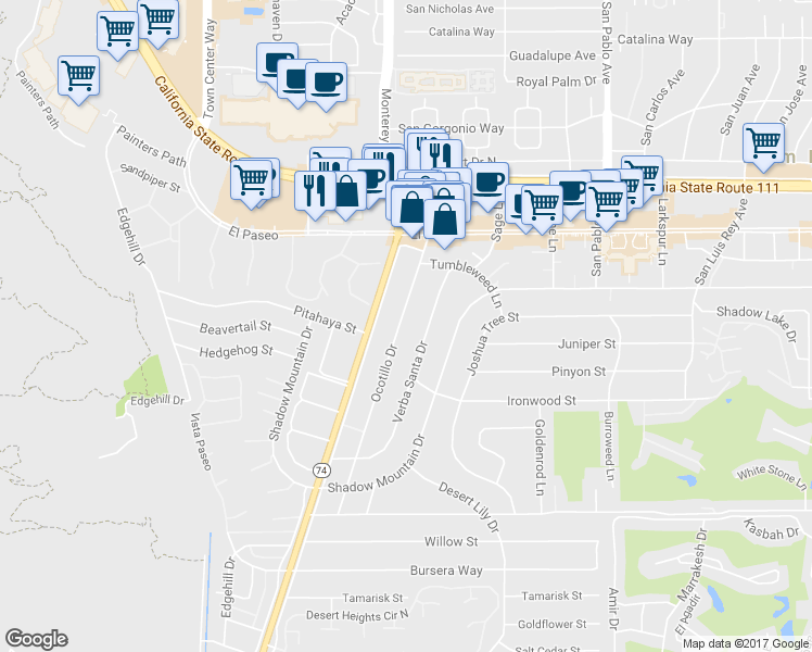 map of restaurants, bars, coffee shops, grocery stores, and more near 45672 Ocotillo Drive in Palm Desert