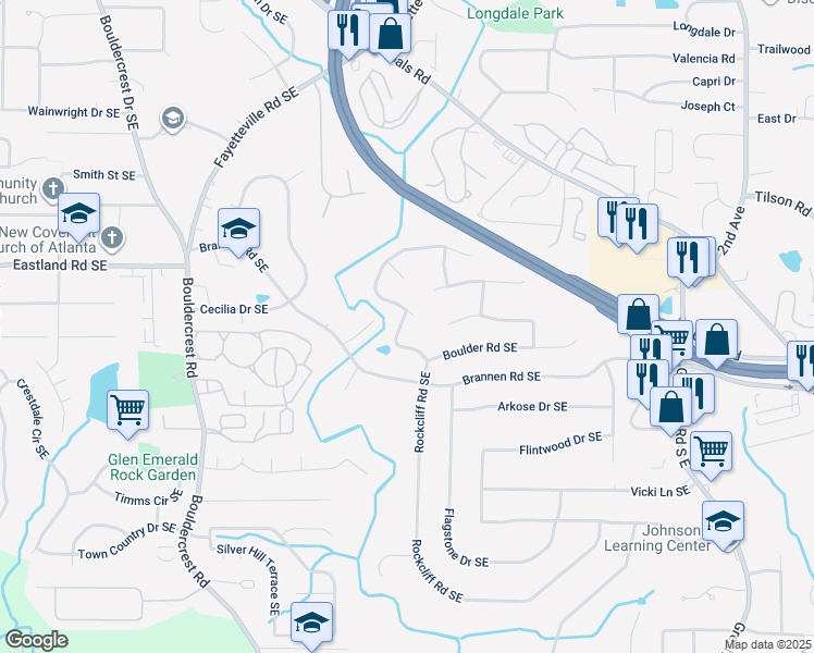 map of restaurants, bars, coffee shops, grocery stores, and more near 2426 Rockcliff Road Southeast in Atlanta