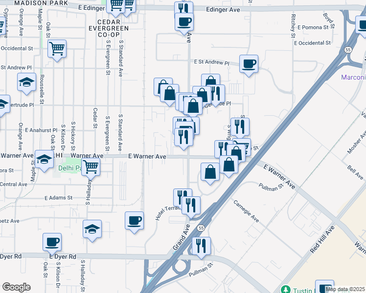 map of restaurants, bars, coffee shops, grocery stores, and more near 2224 South Grand Avenue in Santa Ana