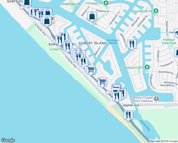 map of restaurants, bars, coffee shops, grocery stores, and more near 16910 Pacific Coast Highway in Huntington Beach