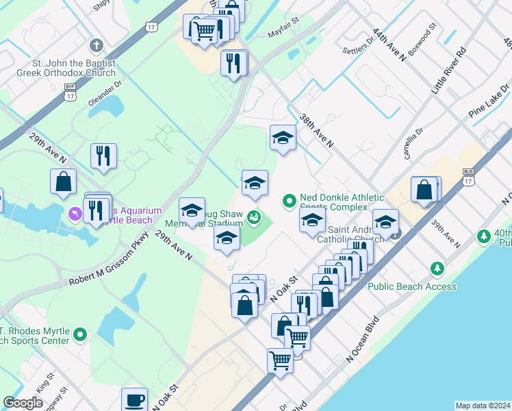 map of restaurants, bars, coffee shops, grocery stores, and more near 3302 Robert M Grissom Parkway in Myrtle Beach