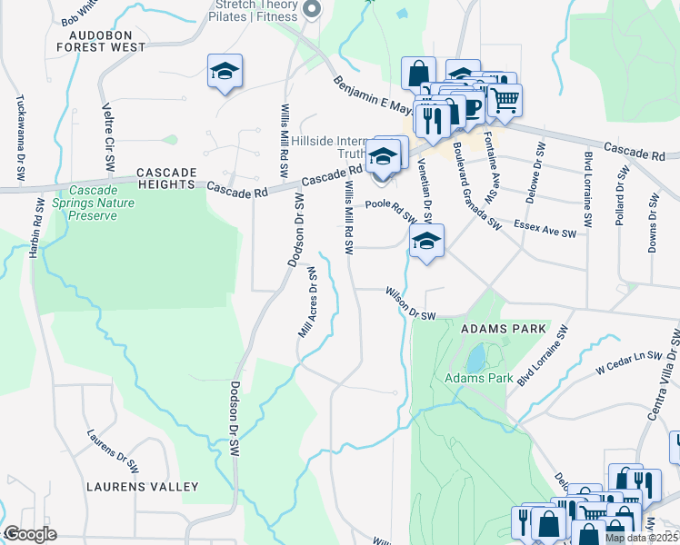 map of restaurants, bars, coffee shops, grocery stores, and more near 1415 Willis Mill Road Southwest in Atlanta