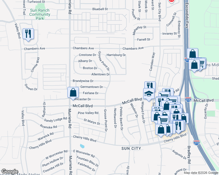 map of restaurants, bars, coffee shops, grocery stores, and more near 27830 Grosse Point Drive in Menifee