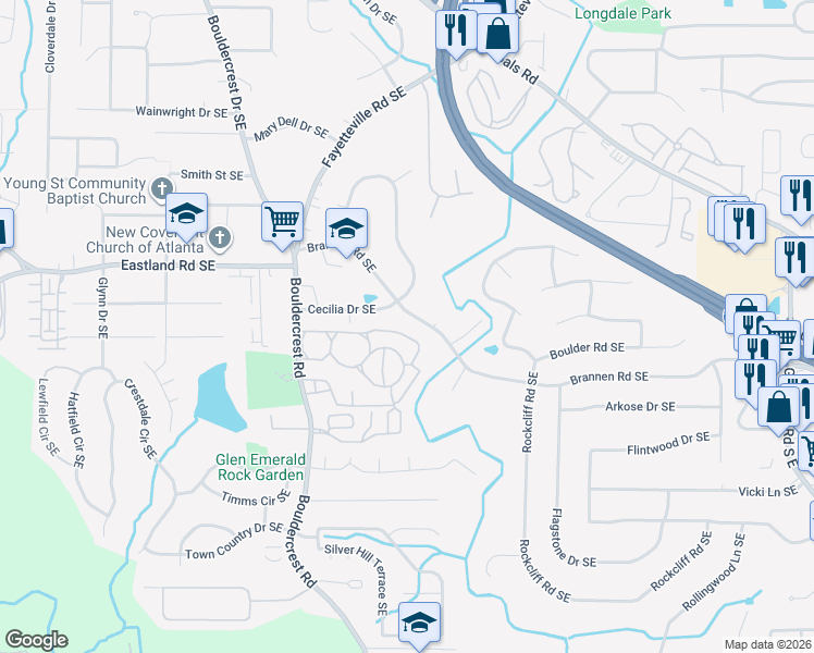 map of restaurants, bars, coffee shops, grocery stores, and more near 1933 Brannen Road Southeast in Atlanta