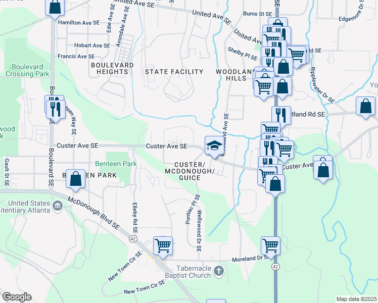 map of restaurants, bars, coffee shops, grocery stores, and more near 967 Custer Avenue Southeast in Atlanta