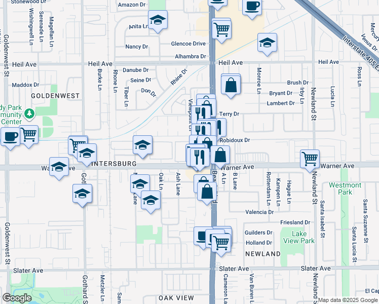 map of restaurants, bars, coffee shops, grocery stores, and more near 7881 Woodlake Drive in Huntington Beach