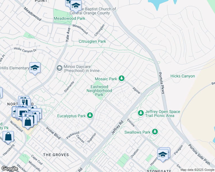 map of restaurants, bars, coffee shops, grocery stores, and more near 131 Espina in Irvine