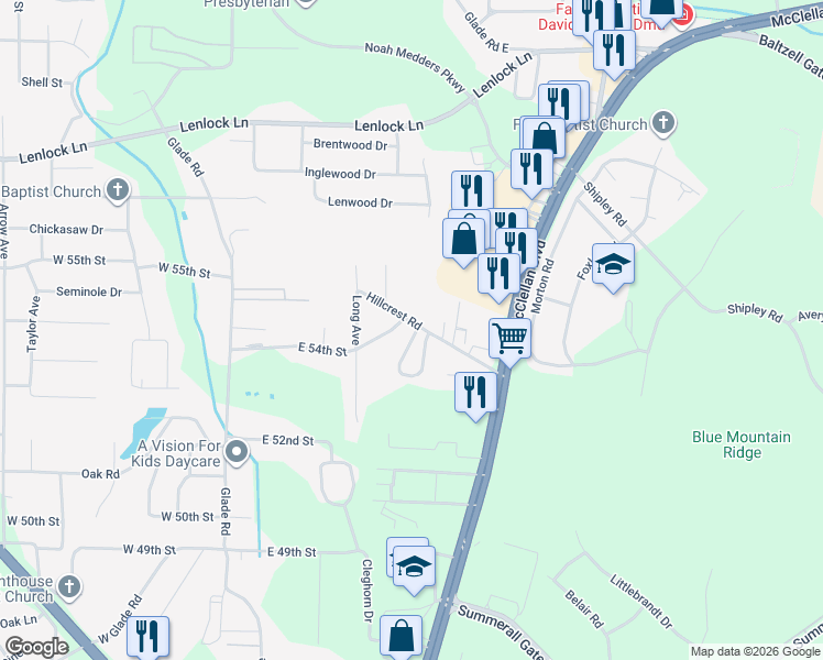 map of restaurants, bars, coffee shops, grocery stores, and more near 502 Hillcrest Road in Anniston