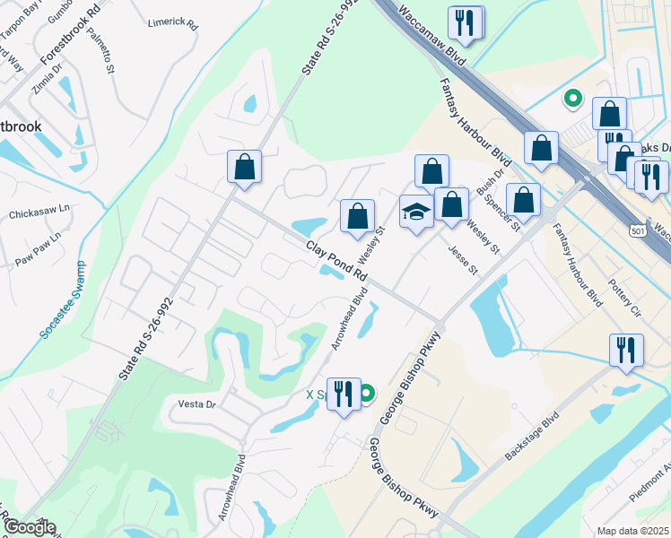 map of restaurants, bars, coffee shops, grocery stores, and more near 1269 Burcale Road in Myrtle Beach