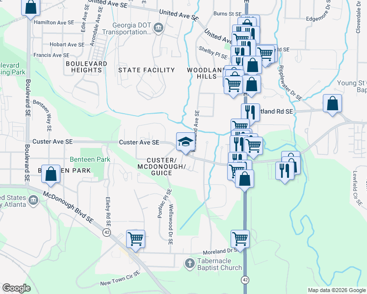 map of restaurants, bars, coffee shops, grocery stores, and more near 1400 Knob Hill Court Southeast in Atlanta