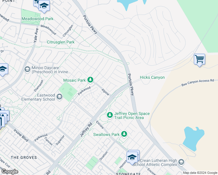 map of restaurants, bars, coffee shops, grocery stores, and more near 108 Tartan in Irvine