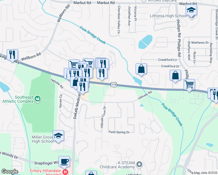 map of restaurants, bars, coffee shops, grocery stores, and more near 6786 Covington Highway in Lithonia