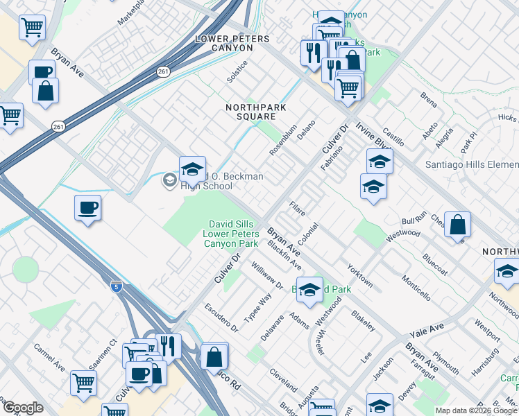 map of restaurants, bars, coffee shops, grocery stores, and more near in Irvine