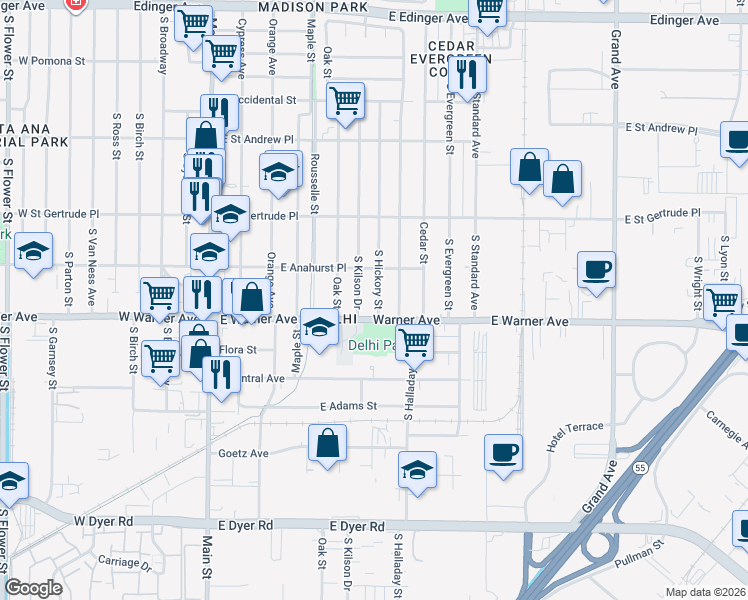 map of restaurants, bars, coffee shops, grocery stores, and more near 2222 South Hickory Street in Santa Ana