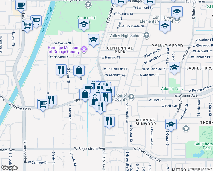 map of restaurants, bars, coffee shops, grocery stores, and more near 2205 South Fairview Street in Santa Ana