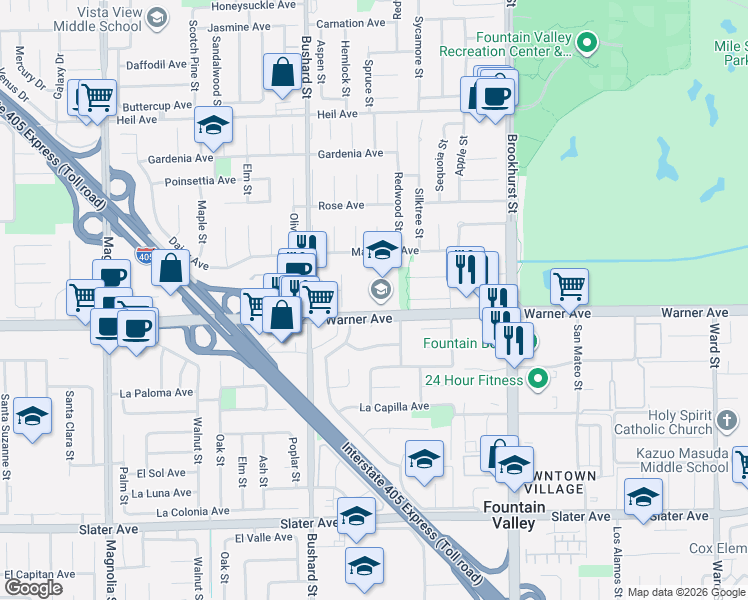 map of restaurants, bars, coffee shops, grocery stores, and more near in Fountain Valley