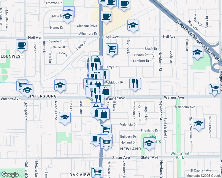 map of restaurants, bars, coffee shops, grocery stores, and more near 8071 Warner Avenue in Huntington Beach