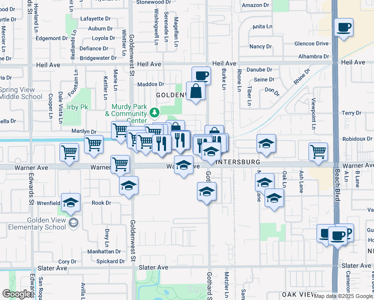 map of restaurants, bars, coffee shops, grocery stores, and more near 7241 Toulouse Drive in Huntington Beach