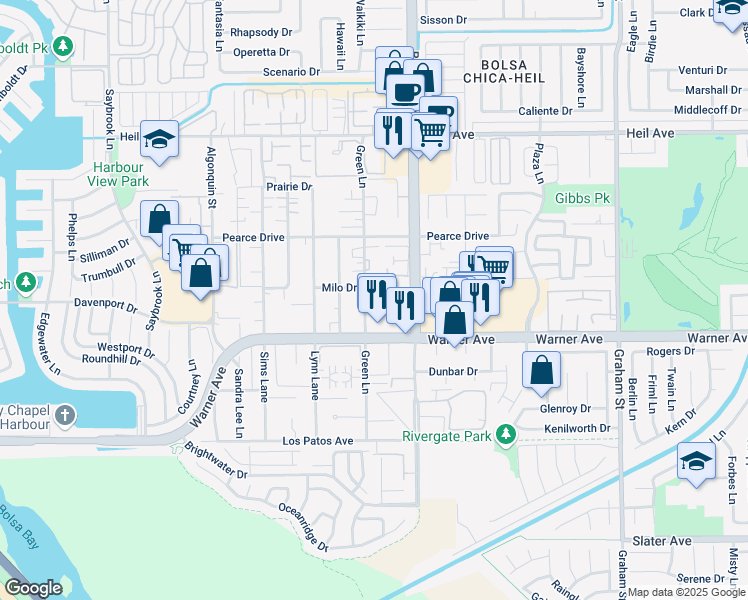 map of restaurants, bars, coffee shops, grocery stores, and more near 4931 Charlene Circle in Huntington Beach