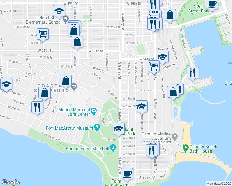 map of restaurants, bars, coffee shops, grocery stores, and more near 2915 South Gaffey Street in Los Angeles