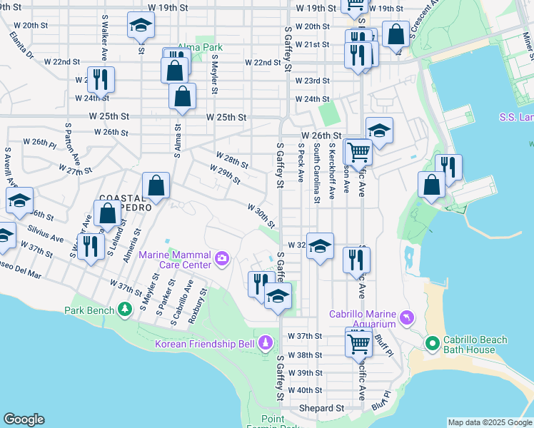 map of restaurants, bars, coffee shops, grocery stores, and more near 2915 South Gaffey Street in Los Angeles