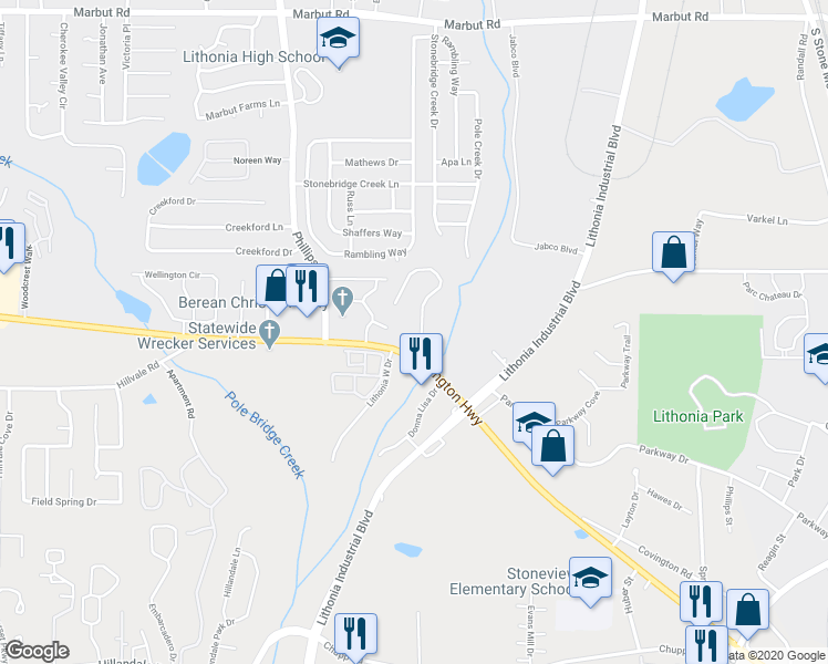 map of restaurants, bars, coffee shops, grocery stores, and more near 6550 Wellington Chase Court in Lithonia