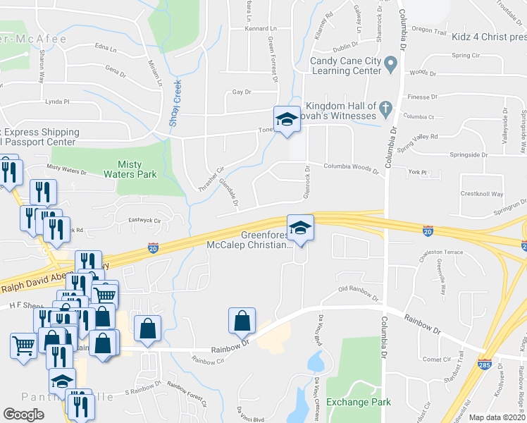 map of restaurants, bars, coffee shops, grocery stores, and more near 2500 Glenrock Drive in Decatur