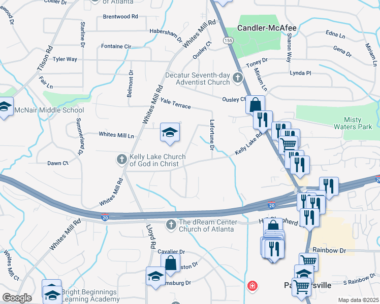 map of restaurants, bars, coffee shops, grocery stores, and more near 2458 Kelly Lake Drive in Decatur