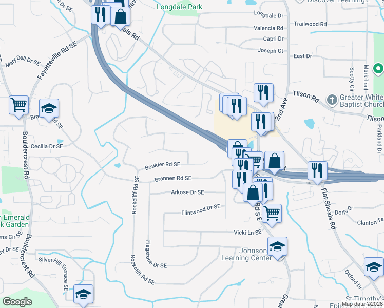 map of restaurants, bars, coffee shops, grocery stores, and more near 1852 Stoney Creek Drive Southeast in Atlanta