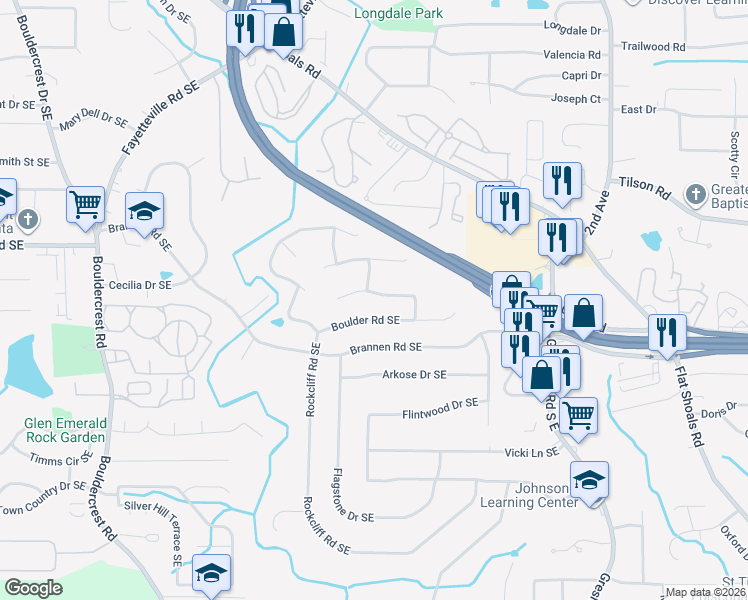 map of restaurants, bars, coffee shops, grocery stores, and more near 1783 Stoney Creek Drive Southeast in Atlanta
