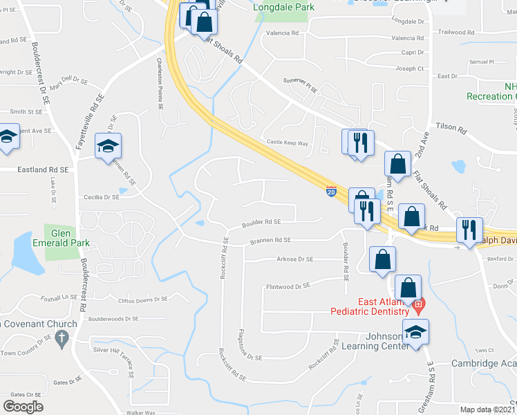map of restaurants, bars, coffee shops, grocery stores, and more near 1765 Stoney Creek Drive Southeast in Atlanta