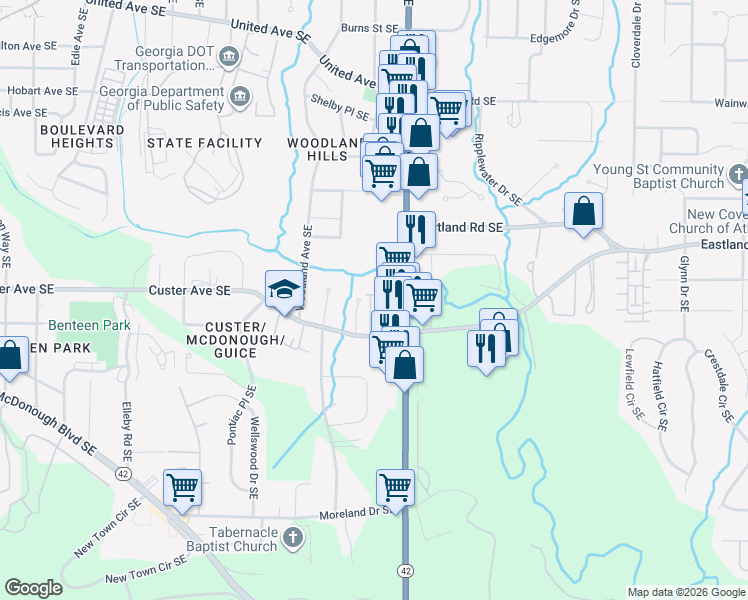map of restaurants, bars, coffee shops, grocery stores, and more near 1315 Heights Park Drive in Atlanta