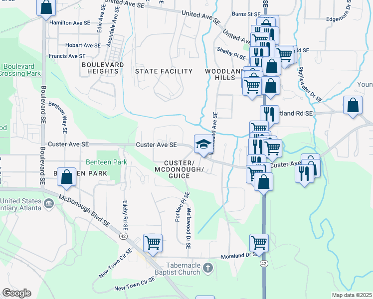 map of restaurants, bars, coffee shops, grocery stores, and more near 991 Custer Avenue Southeast in Atlanta