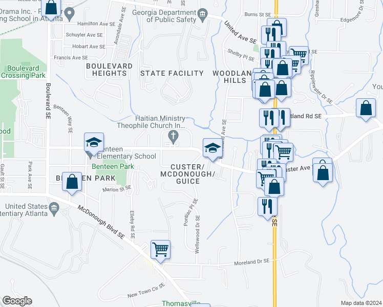 map of restaurants, bars, coffee shops, grocery stores, and more near 987 Custer Avenue Southeast in Atlanta