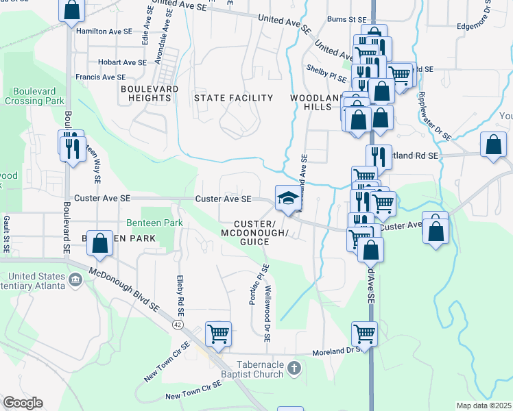 map of restaurants, bars, coffee shops, grocery stores, and more near 977 Custer Avenue Southeast in Atlanta
