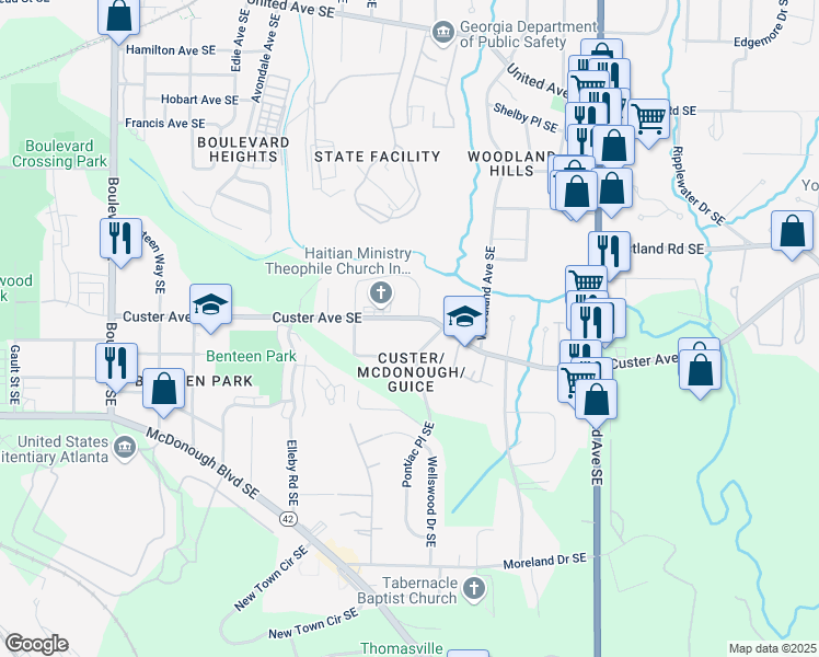 map of restaurants, bars, coffee shops, grocery stores, and more near 967 Custer Avenue Southeast in Atlanta