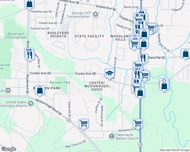 map of restaurants, bars, coffee shops, grocery stores, and more near 953 Custer Avenue Southeast in Atlanta