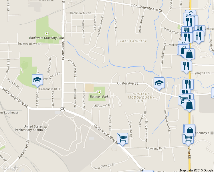 map of restaurants, bars, coffee shops, grocery stores, and more near 1305 Benteen Park Drive Southeast in Atlanta