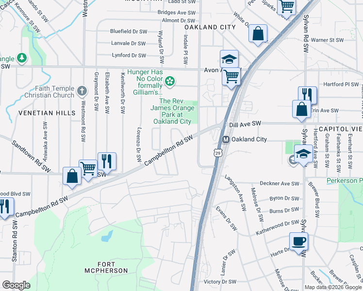 map of restaurants, bars, coffee shops, grocery stores, and more near 1250 Campbellton Road Southwest in Atlanta