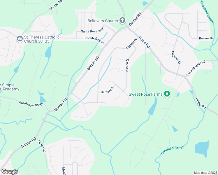 map of restaurants, bars, coffee shops, grocery stores, and more near 3640 Barbara Drive in Douglasville