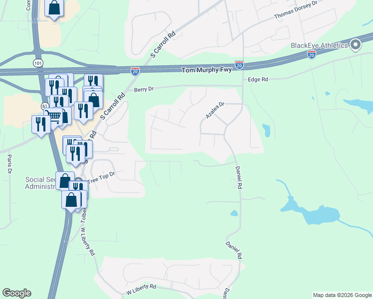 map of restaurants, bars, coffee shops, grocery stores, and more near 660 Amberwood Drive in Villa Rica