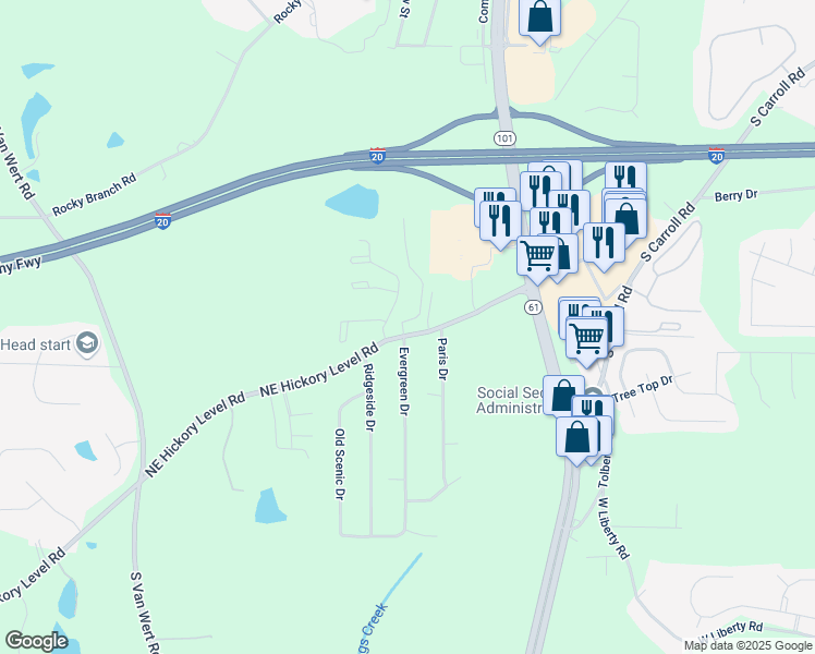 map of restaurants, bars, coffee shops, grocery stores, and more near 801 Northeast Hickory Level Road in Villa Rica