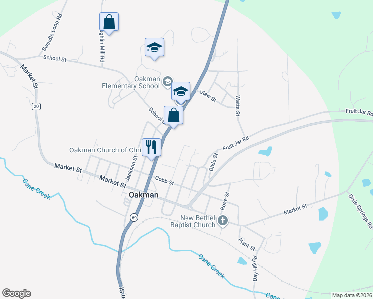map of restaurants, bars, coffee shops, grocery stores, and more near 363 Wateroak Street in Oakman