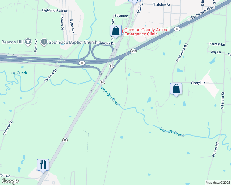 map of restaurants, bars, coffee shops, grocery stores, and more near 3800 Texas 91 in Denison