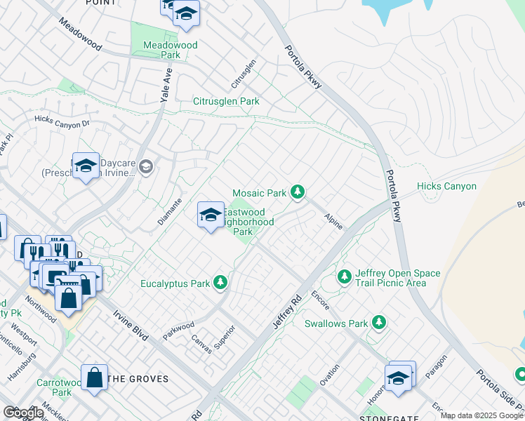 map of restaurants, bars, coffee shops, grocery stores, and more near 131 Espina in Irvine