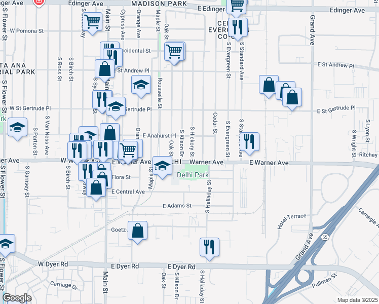 map of restaurants, bars, coffee shops, grocery stores, and more near 2222 South Hickory Street in Santa Ana