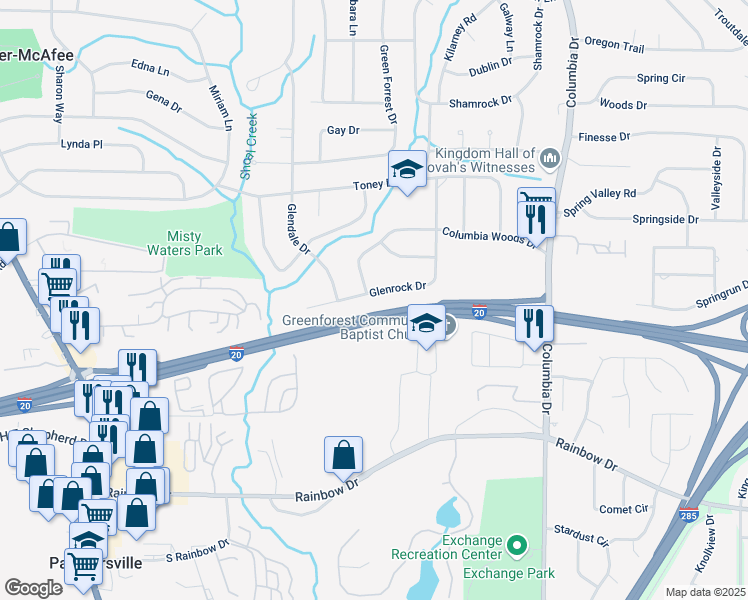 map of restaurants, bars, coffee shops, grocery stores, and more near 2500 Glenrock Drive in Decatur